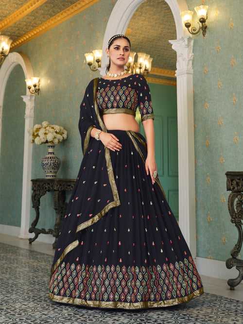 Black Embroidery And Sequin Semi Stitched Lehenga