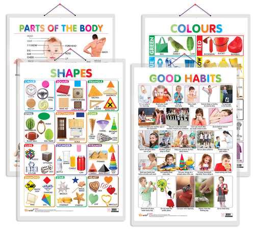 Set of 4 Colours, Shapes, Parts of the Body and Good Habits Early Learning Educational Charts for Kids | 20"X30" inch |Non-Tearable and Waterproof | Double Sided Laminated | Perfect for Homeschooling, Kindergarten and Nursery Students
