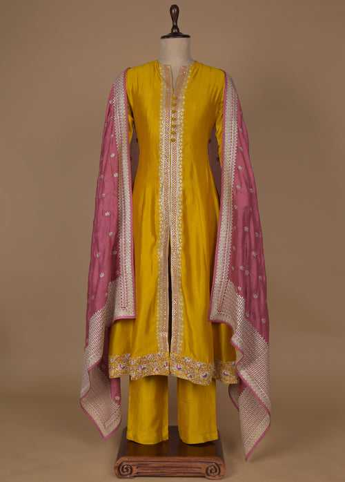 Yellow Cotton Silk Straight Set