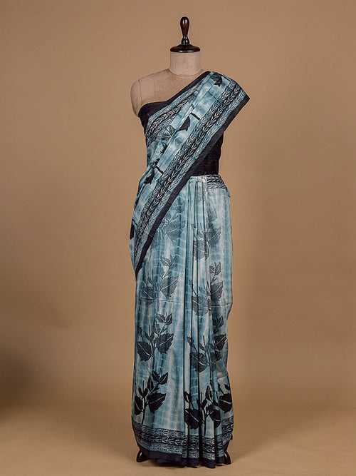 Blue Cotton Tussar Printed Saree