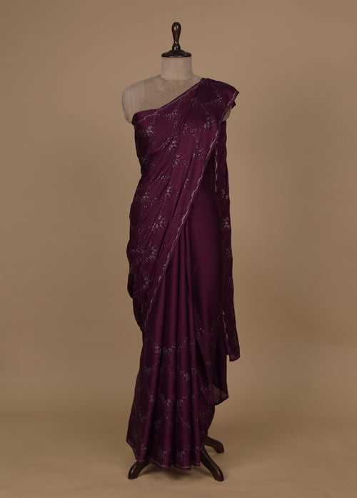 Wine Satin Embroidered Saree