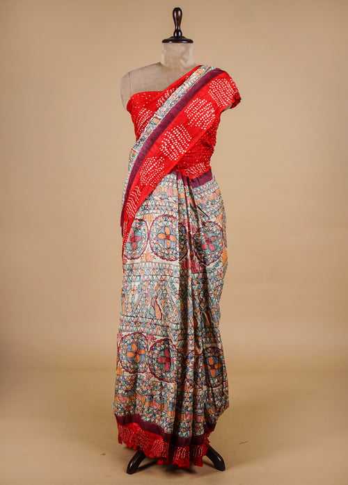 Red Tussar Bandhani Saree