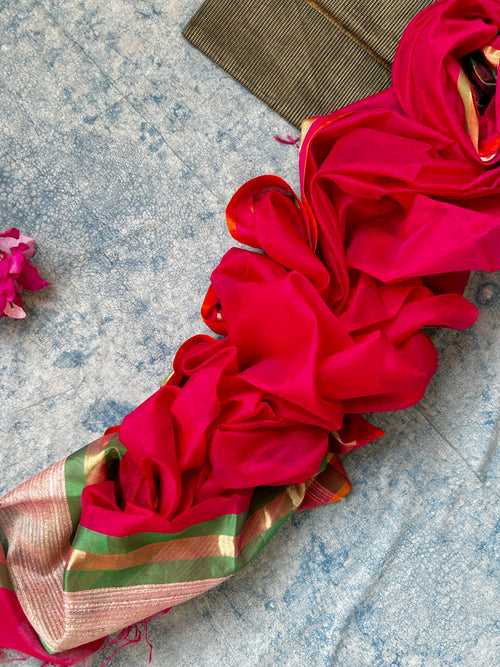 Handwoven Maheshwari Tissue Kurta Dupatta Set - Green & Rose Pink