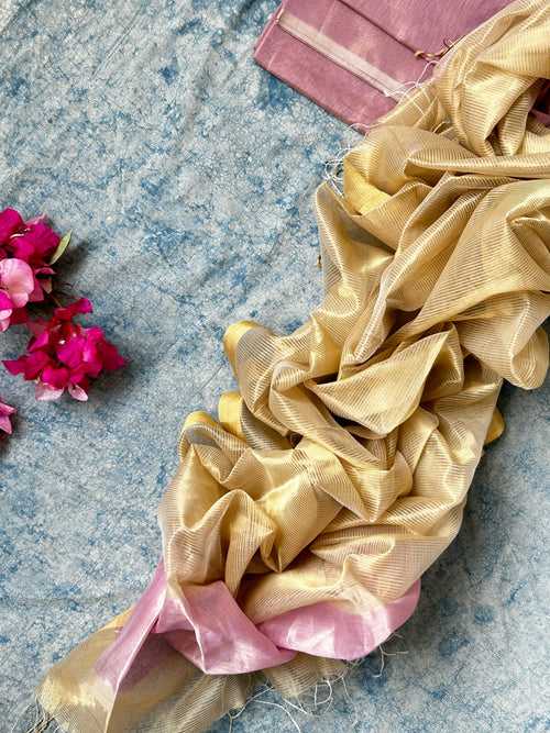 Handwoven Maheshwari Tissue Kurta Dupatta Set -  Lavender & Gold