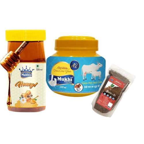 Honey 500ml + Amrutam A2 Ghee 500ml + Roasted Alsi Mukhwas + Free Honey Stick