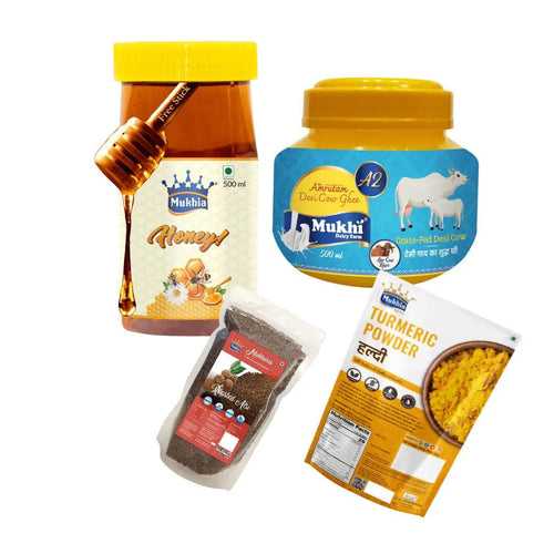 MUKHIA Healthy Combo Pack A2 Desi Gir Cow Ghee with Mukhia Natural Honey,  Roasted Alsi, Organic Haldi 800gm & Free Honey Stick (Immunity Kit)
