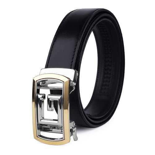 Ficuster Men Autogrip Metal Buckle Black Textured G Letter Genuine  Leather Belt