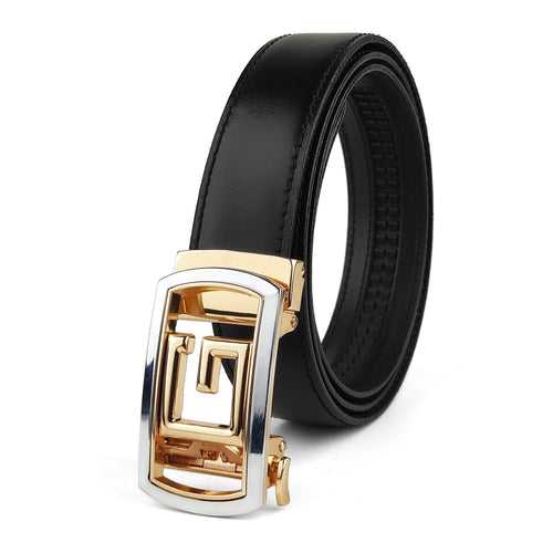 Ficuster Men Autogrip Metal Buckle Black Textured G Letter Genuine  Leather Belt