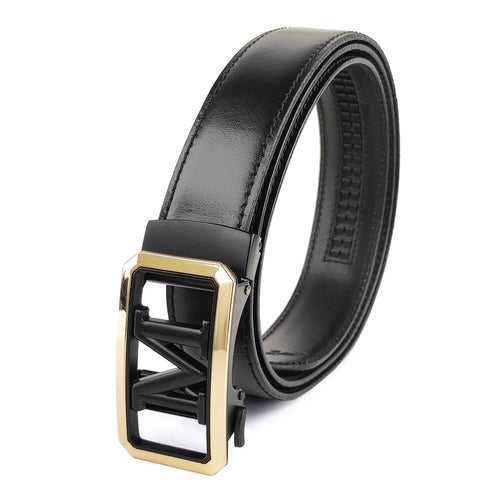 Ficuster Men Autogrip Metal Buckle Black Textured M Letter Genuine  Leather Belt