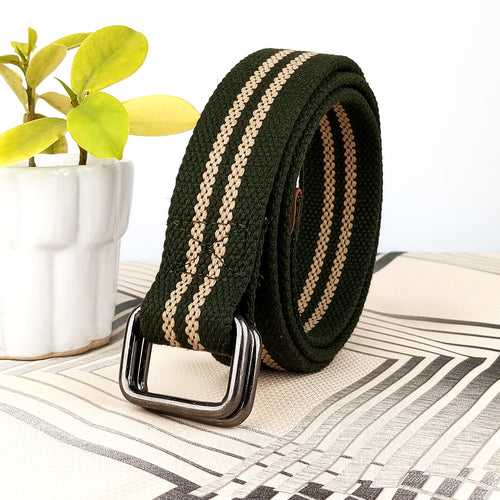 Ficuster Unisex Double Ring Nickel Buckle Dark Green Cotton Canvas Belt