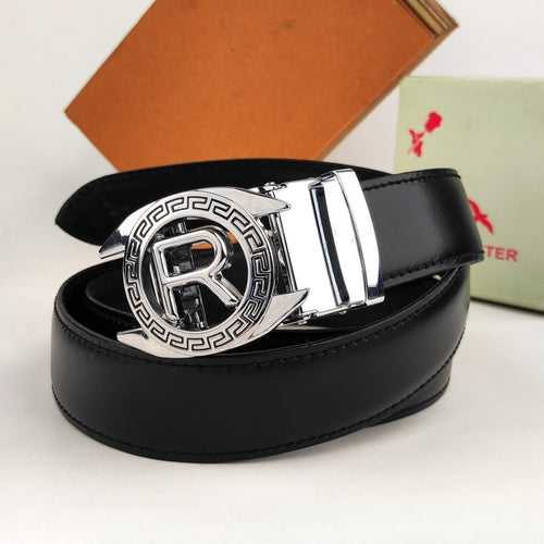 Ficuster Men Autogrip Metal Buckle Black Textured R Letter Genuine Leather Belt