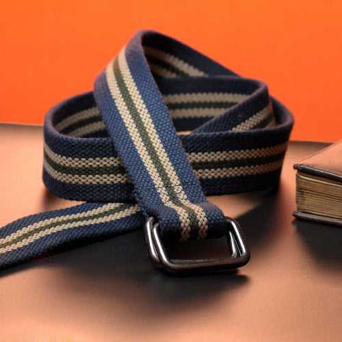 Ficuster Unisex Double Ring Nickel Buckle Dark Blue Cotton Canvas Belt