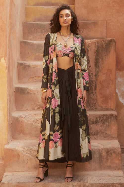 Black Floral Print Jacket Set