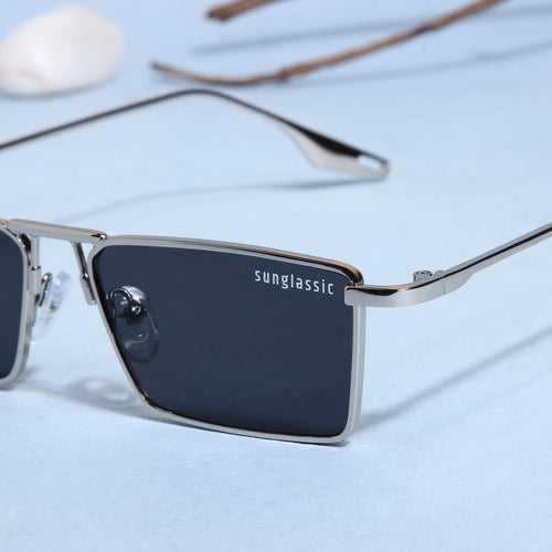 Rebel Silver Black Rectangle Sunglasses