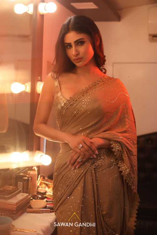 Mouni Roy in Golden mukaish saree