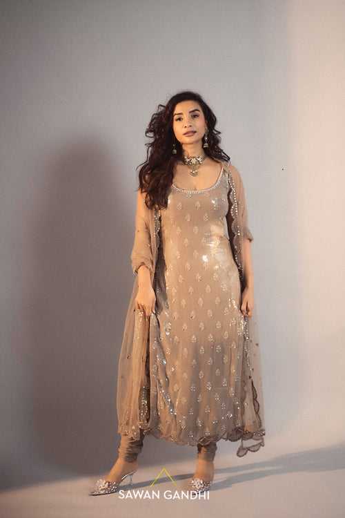 Patralekhaa In Taupe Sequins And Mirror Work Suit