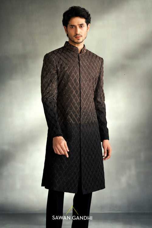 Taupe black ombre cutdana work sherwani