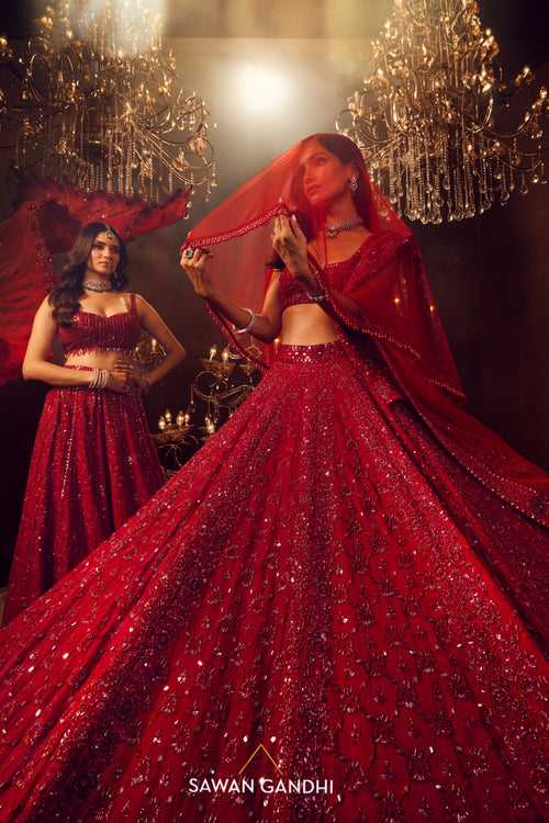 Crimson floral cutdana lehenga