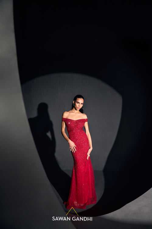 Red crystal off shoulder gown