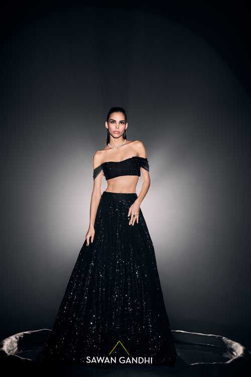Black sequins lehnga with crystal blouse