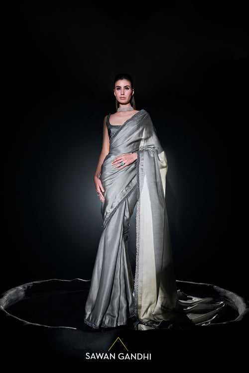 Grey silver satin saree