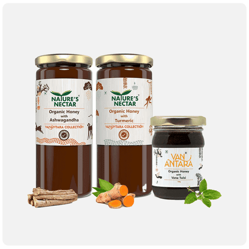 Organic Honey with Ashwagandha & Turmeric 325g + Organic Honey with Tulsi 150g Free