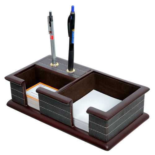 Wooden Pen stand with Card Holder and Memo Pad (Leather Look)