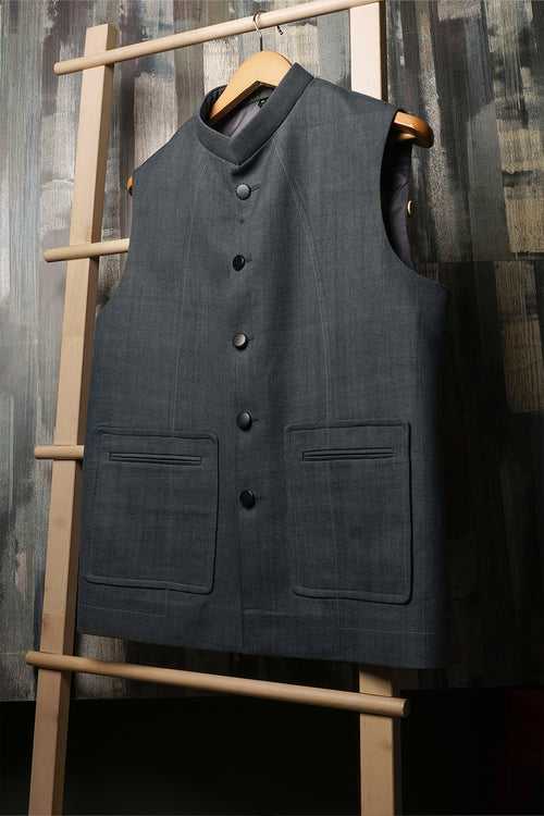 Grey blue khadi nehru jacket