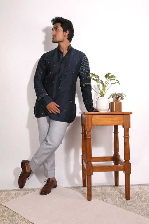 Embroidered Dark Blue Silk Short Kurta