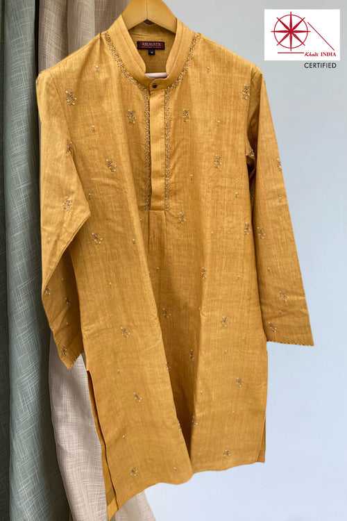 Embroidered Khadi Canary Yellow Long Kurta