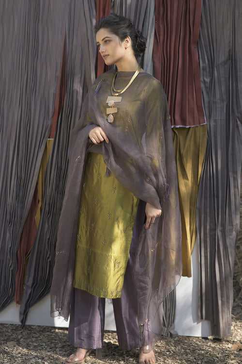 Handwoven silk kurta with palazzo pants and organza dupatta