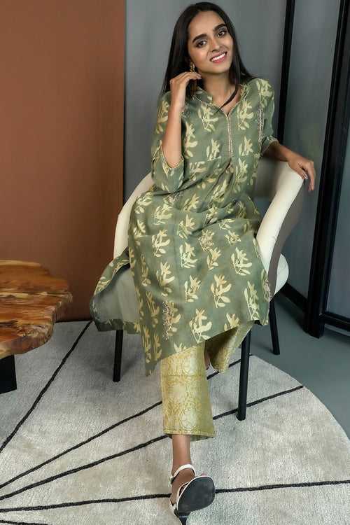 A-line moss green embellished kalamkari chanderi silk kurta