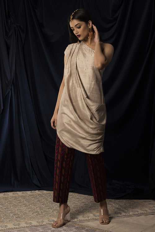 Asymmetric one shoulder Draped Tunic and Ikat Cigarette Pants Set