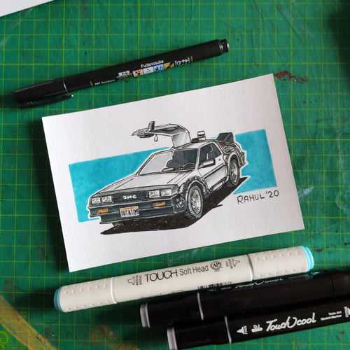 DeLorean Time Machine 6" x 4" Original Pen and Marker Art