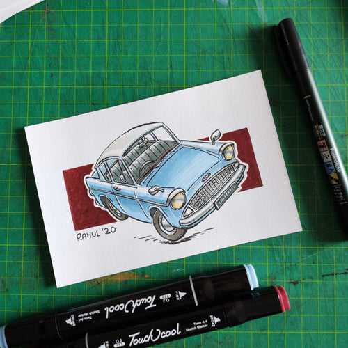 Flying Ford Anglia 6" x 4" Original Pen and Marker Art