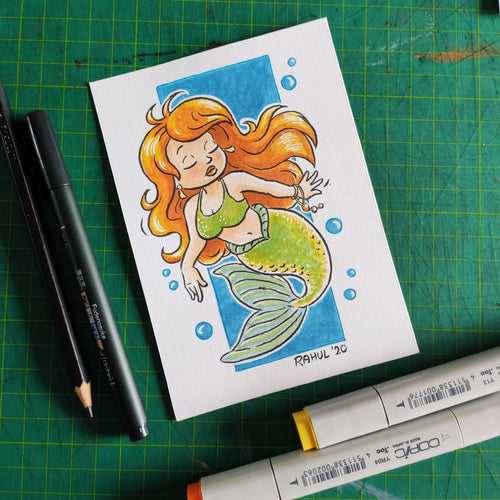 Flame Haired Mermaid 6" x 4" Original Pen and Marker Art