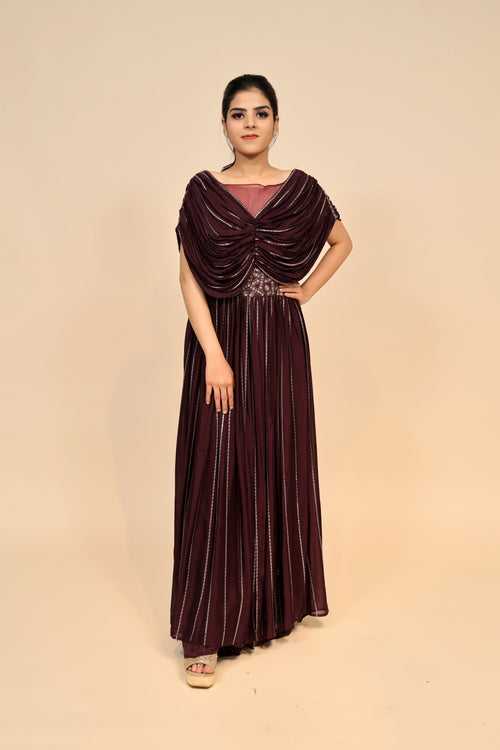 Glamorous Georgette Wine Dress with Cut Dana & Sequin