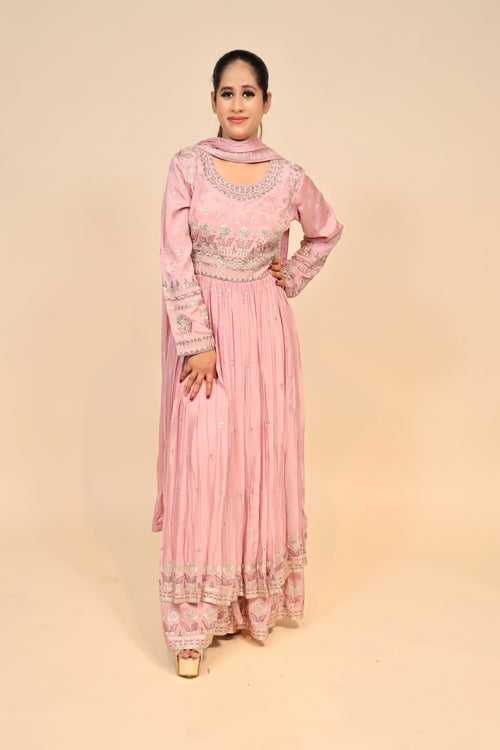 Charming Baby Pink Chinon Suit With Sali, Resham Work & Sequins