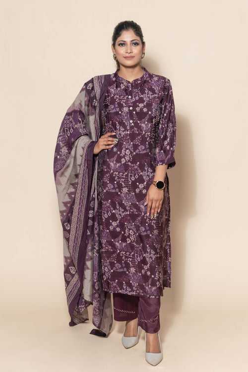 Radiant Purple Silk Suit with Intricate Cut Dana and Sequin Embellishments