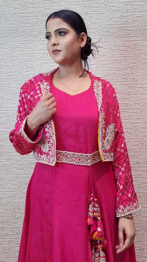 Enchanting Pink Gown With Bandhej Jacket In Zari And Pearl Beadwork