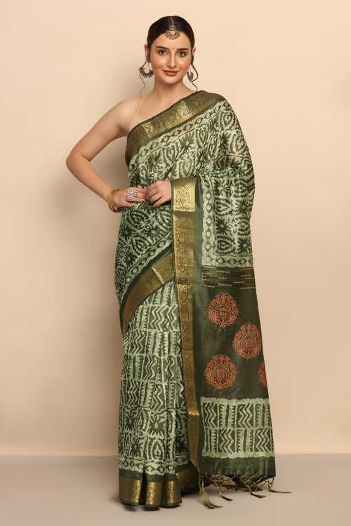Contemporary Elegance: Green Color Cotton Silk Saree with Geometrical Motif