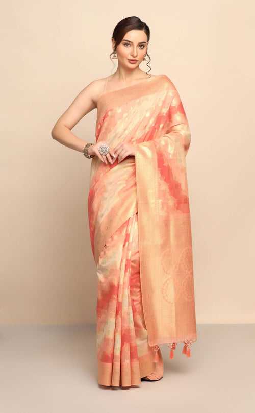 Exquisite Peach Color Silk Blend Saree with Geometrical Motif