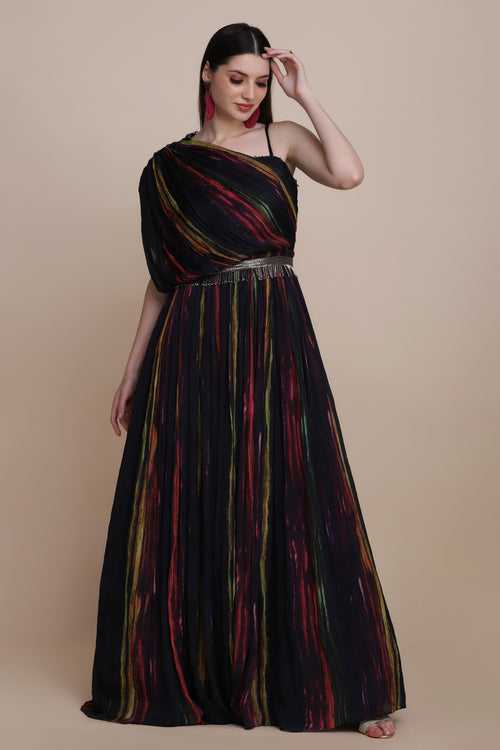 Gorgeous Black Colored Tie And Dye Flared Floor Length Drape Dress With Asymmetrical Sleeves And Embroidered Belt