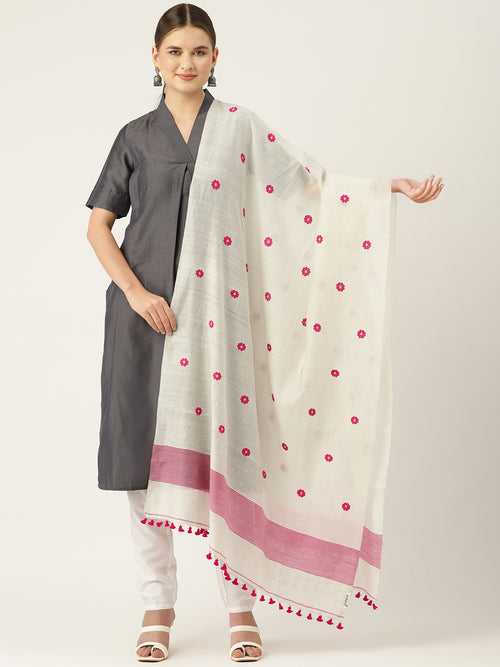 White & Pink Assamese Silk Cotton Handloom Dupatta