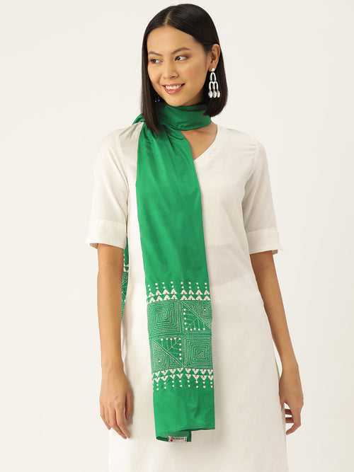 Green & White Kantha Silk Stole