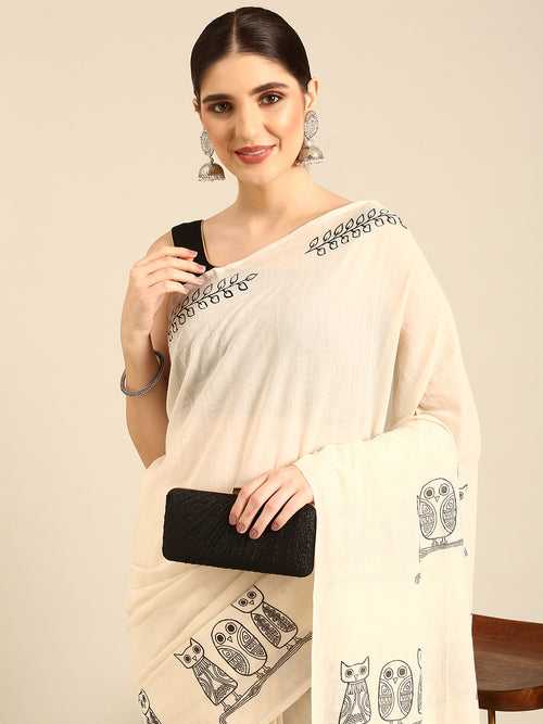 Cream Black Owl HandPrint Soft Cotton Saree