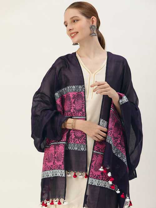 Purple Pink Baluchari Silk Cotton Dupatta