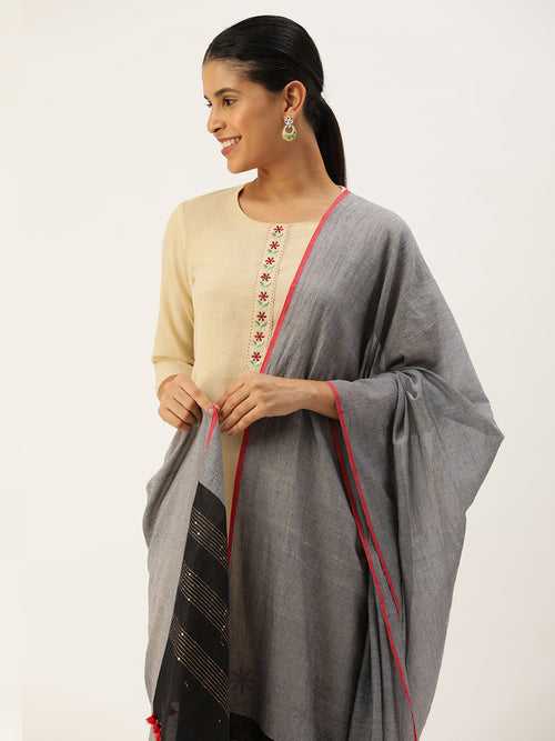 Grey Black Sequins Cotton Dupatta