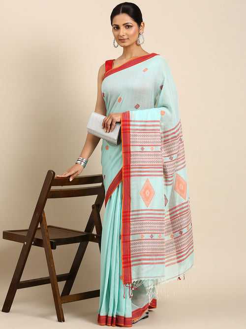 Turquoise Blue Jacquard Weave Pure Cotton  saree