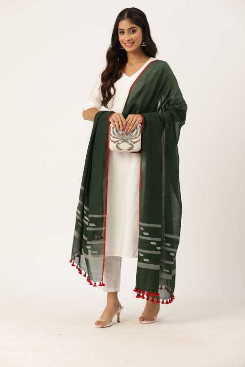 Bottle Green& White Jamdani Mul Cotton  Dupatta with tassels